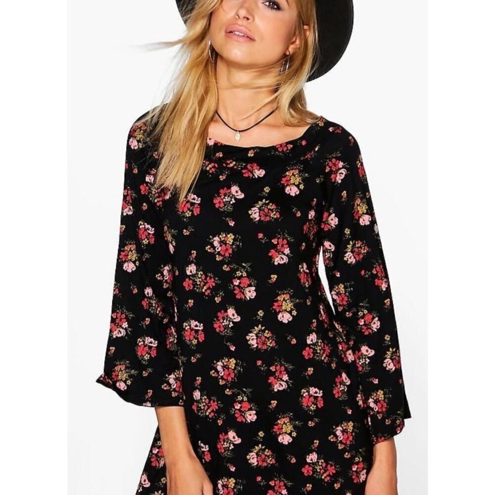 Sleeved Shift Black Floral 3/4 Sleeves Boohoo Dress Size 6